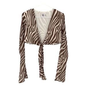 Princess Polly Women's Patterned Tie‎ Front Cropped Top White Brown Size 4